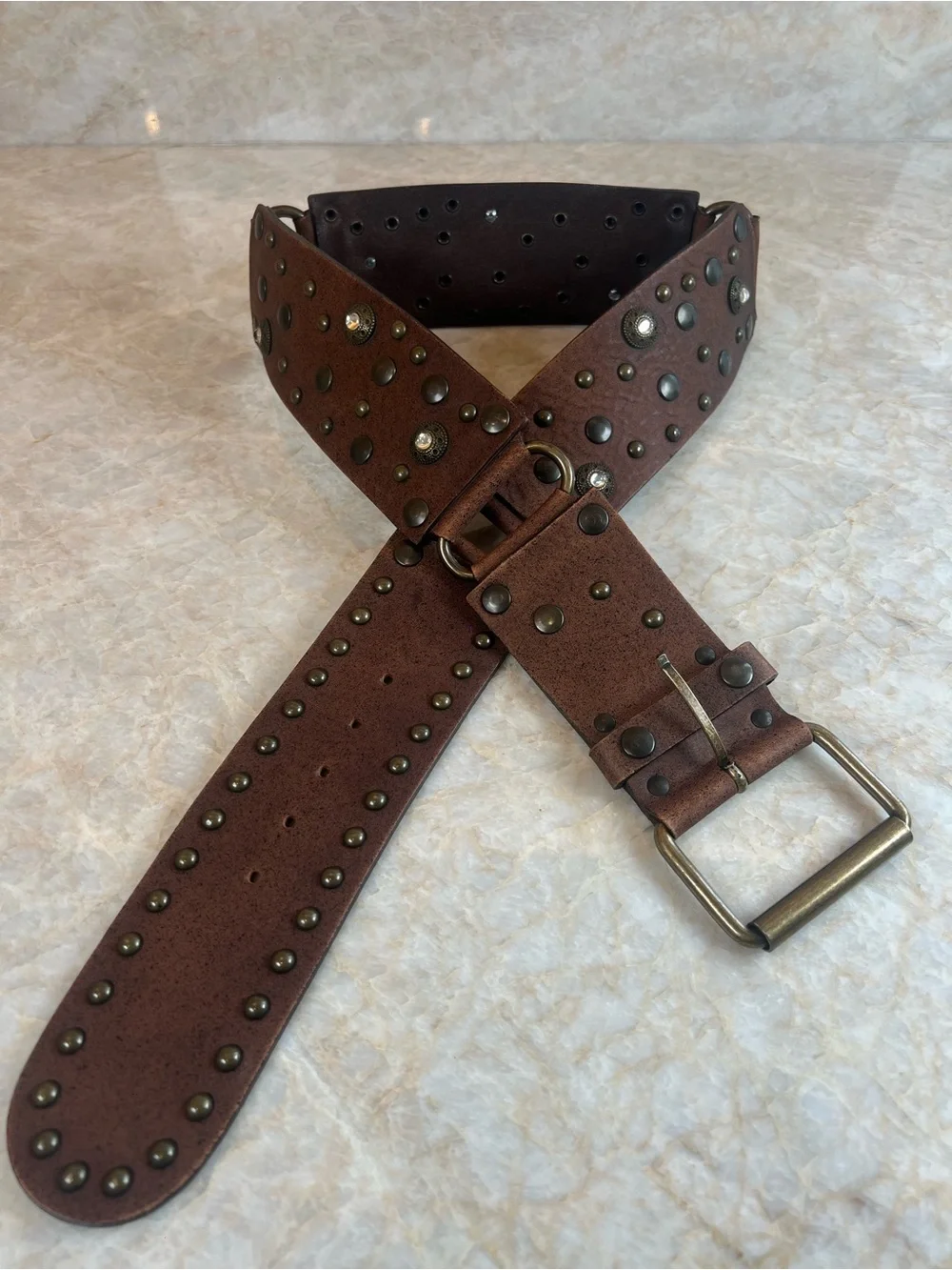 Nanny (Made in Italy) Brown Studded Leather Belt with Antique Brass Buckle